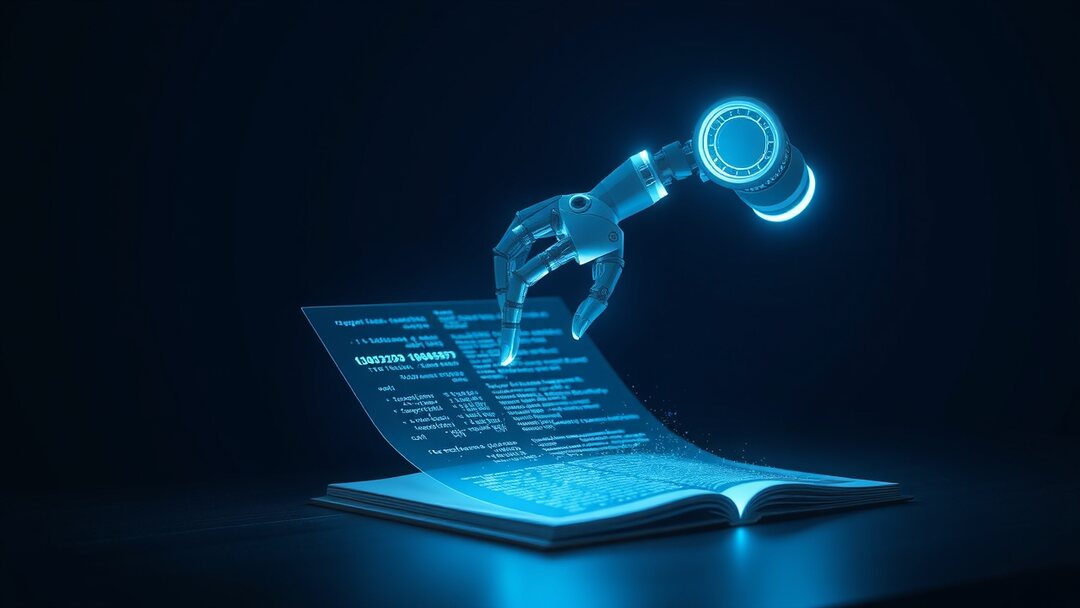 AI content agent: robotic arm writing on a holographic page above a dark desk
