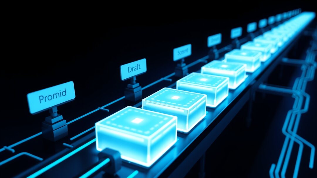 AI content pipeline: prompt to draft to schema to publish on a glowing assembly line