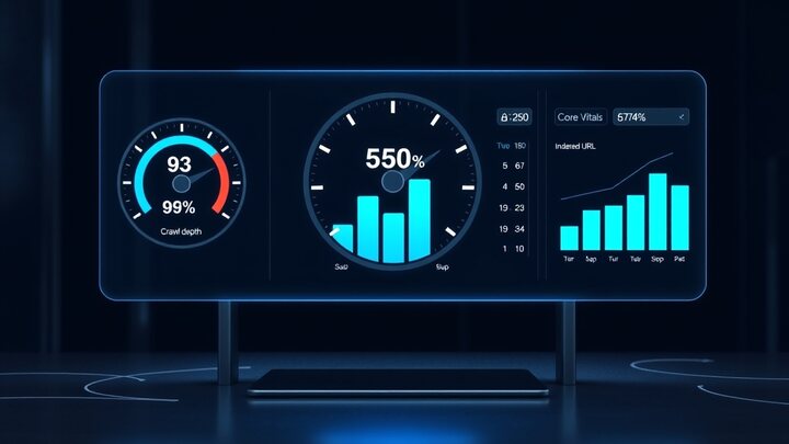 SEO and GEO audit dashboard with Site Health, Core Web Vitals and indexed URL counters