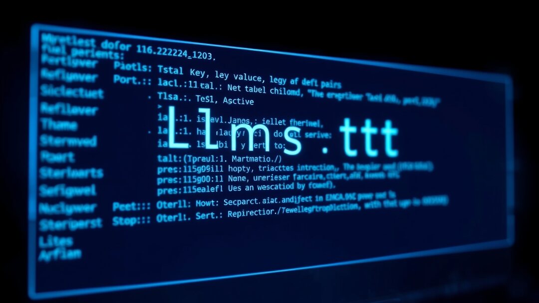 llms.txt manifest rendered as a holographic terminal with schema entries
