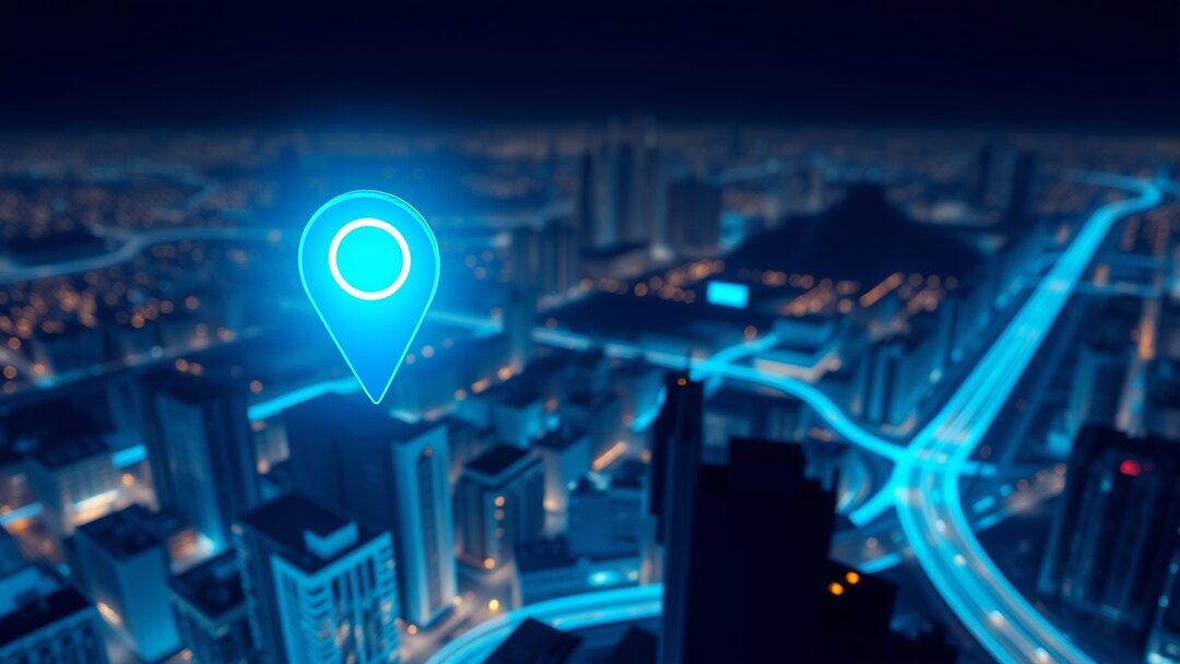 Glowing Google Business Profile pin on a stylized aerial cityscape at night