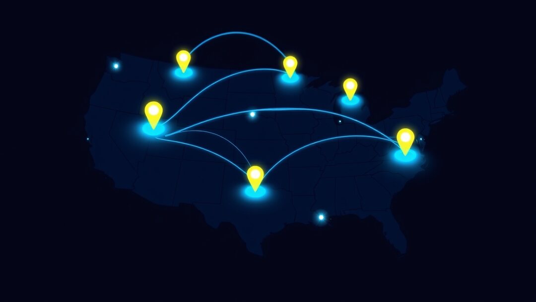 Network of Google Business Profiles connected across a US map with cyan flight-path lines