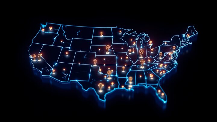 Programmatic SEO city pillar pages lighting up across a US state map
