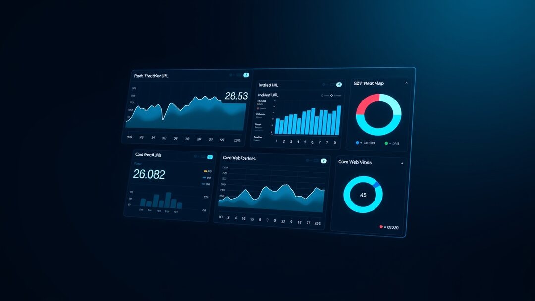 Multi-panel SEO operations dashboard with rank tracker, indexed URL counter and Core Web Vitals score
